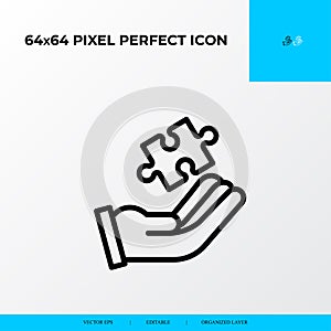 Problem solving and Solution Icon Concept. hand and piece of puzzle. 64x64 vector line icon style