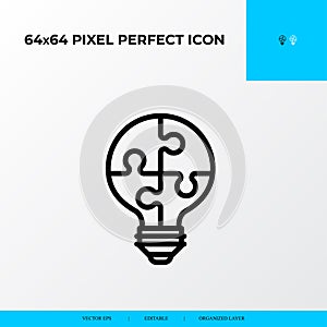 Problem solving and Solution Icon Concept. Light Blub in puzzle piece. 64x64 vector line icon style