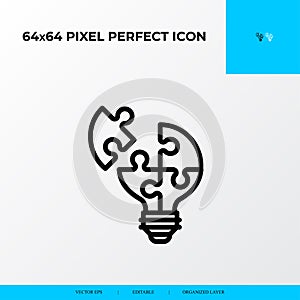 Problem solving and Solution Icon Concept. Light Blub in puzzle piece. 64x64 vector line icon style