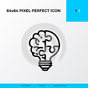 Problem solving and Solution Icon Concept. Light Blub in puzzle piece with a Brain. 64x64 vector line icon style