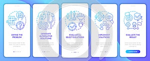 Problem solving steps navy onboarding mobile app page screen with concepts