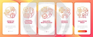 Problem solving steps red onboarding mobile app page screen with concepts