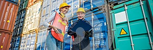 The Problem with Two foreman man & woman worker working checking at Container cargo harbor to loading containers. Dock male and