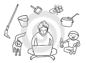 Problem of work from home concept. Woman with laptop, crying child, cat, household duties. Hand drawn doodle vector contour
