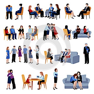 Problematic families counseling flat icons set