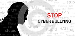 Problems cyber bullying concept. Woman head silhouette with bullying of message on white background. photo