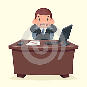 Problems disaster shock businessman character work office desktop cartoon design vector illustration