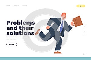 Problems and their solutions concept for landing page template with shocked businessman rushing