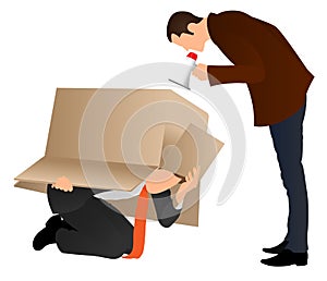 Problems at work. Businessman hiding under cardboard box. Boss screaming with a megaphone. Business concept. Angry boss yelling at