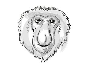 Proboscis Monkey Endangered Wildlife Cartoon Retro Drawing