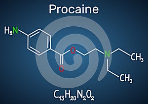 Procaine molecule. Is a local anesthetic drug. Structural chemical formula and molecule model on the dark blue background