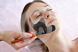 The procedure for applying a mask from clay to the face of a beautiful woman. Spa treatments and care of the face