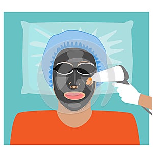 Procedure of carbon peeling, vector illustration. Laser rejuvenation and skin lightening, treatment of problematic skin.