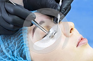 Procedure for eyelash extensions, eyelashes lamination.