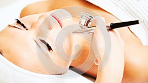 Procedure of Microdermabrasion. Mechanical Exfoliation, diamond polishing. Model, close-up. Cosmetological clinic