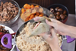 Procedure step of making zongzi or rice dumpling recipe on Dragon Boat Festival