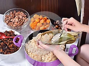 Procedure step of making zongzi or rice dumpling recipe on Dragon Boat Festival