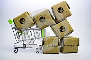 Proceed Checkout Text in small boxes and shopping cart. Concepts about online shopping. Isolated on white background