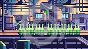 Process of automatic filling beer or juice in green glass bottles on production line in beverage factory. Modern cartoon