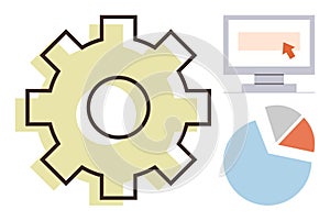 Gear, Computer Screen, and Pie Chart Data Analysis, Process Optimization, and Technology Concept