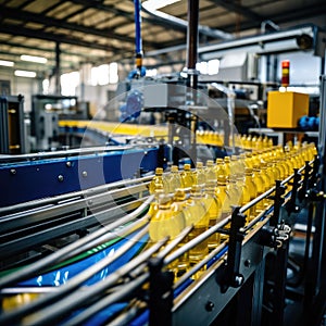 Process of beverage manufacturing on a conveyor belt at a factory.