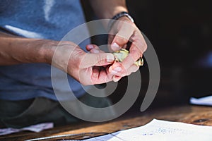 Process of bird banding, small bird ringing at Ornithological station, Curonian Spit, Kaliningrad Oblast, Russia. Ornithologist