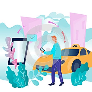 Process of booking taxi via mobile app flat vector illustration. Passengers car transportation online services.