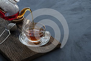 Process brewing tea, Hot tea water is poured from the teapot into a cup