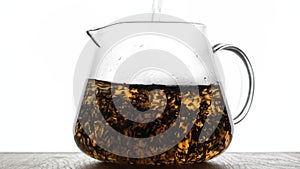 Process brewing tea, tea ceremony. pouring hot water to glass teapot,