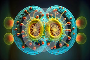 Process of cell division with formation of two nuclei in yellow green color