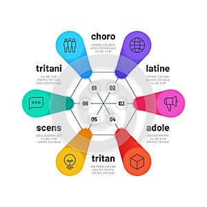 Process chart. 6 step option diagram, business organization infochart. Isometric vector sequence infographics