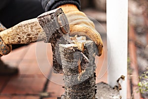 The process of chopping an ax with wooden branches for a fire