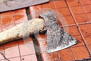 The process of chopping an ax with wooden branches for a fire