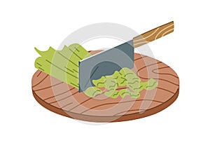 Process of chopping fresh raw celery with metal sharp chopper knife. Cutting vegetable ingredient for cooking on wooden