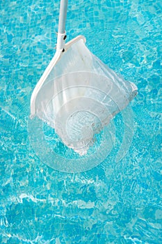 Process of cleaning swimming pool by skimming leaves and pine tree needles with net skimmer rack. Bright summer sunny day