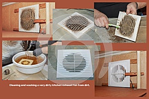 The process of cleaning and washing the kitchen exhaust fan. Collage