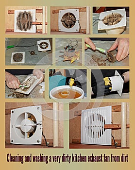 The process of cleaning and washing the kitchen exhaust fan. Collage