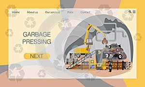 Process of compressing garbage before disposal in production shop. Concept of website, landing page design template