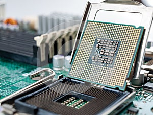 The process of connecting the CPU to the processor socket on a modern computer motherboard, replacing the silicon data processing