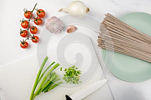 The process of cooking soba - buckwheat Japanese noodles. Vegetarian dish, healthy balanced diet