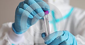 Process of coronavirus PCR antigen testing examination by nurse medic in laboratory lab, COVID-19 swab collection kit, test tube