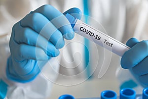 Process of coronavirus PCR antigen testing examination by nurse medic in laboratory lab, COVID-19 swab collection kit, test tube