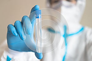 Process of coronavirus PCR antigen testing examination by nurse medic in laboratory lab, COVID-19 swab collection kit, test tube