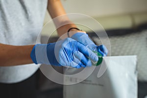 Process of coronavirus testing examination at home, COVID-19 swab collection kit, test tube for taking OP NP patient specimen