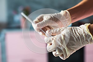 Process of coronavirus testing examination at home, COVID-19 swab collection kit, test tube for taking OP NP patient specimen