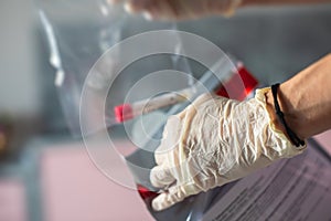 Process of coronavirus testing examination at home, COVID-19 swab collection kit, test tube for taking OP NP patient specimen