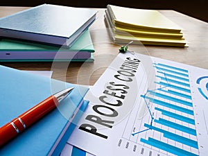 Process costing report with financial data and notepads.