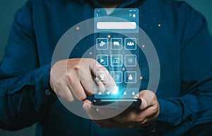 Process of creating an interface for a mobile app. User interface and experience concept. Holographic displays, icons, data