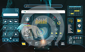 Process of creating an interface for a mobile app. User interface and experience concept. Holographic displays, icons, data
