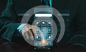 Process of creating an interface for a mobile app. User interface and experience concept. Holographic displays, icons, data
